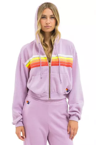 5 Stripe Cropped Zip Hoodie Relaxed - Mauve // White Neon