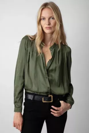 Pleated Satin Blouse in Used Khaki