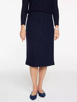 Metallic Mixed Cable Midi Skirt in Indigo Blue