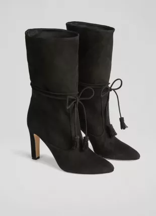 liza Black Tassel Ruched Suede Ankle Boots