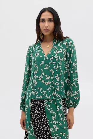 Moss Silk Blouse in City Floral Olive