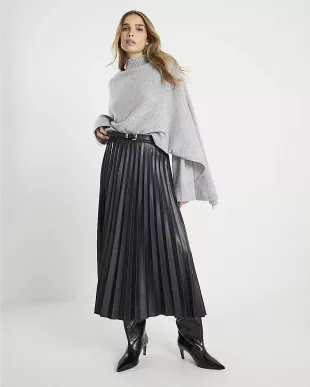Black Faux Leather Belted Pleated Midi Skirt