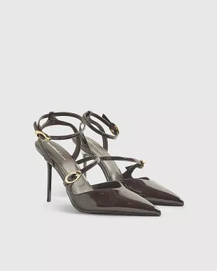 Red Asymmetric Strap Heeled Court Shoes