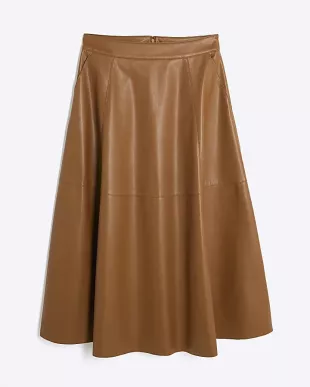 Brown Faux Leather Midi Skirt