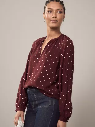 Red Polka Dot Long Sleeve V-Neck Blouse