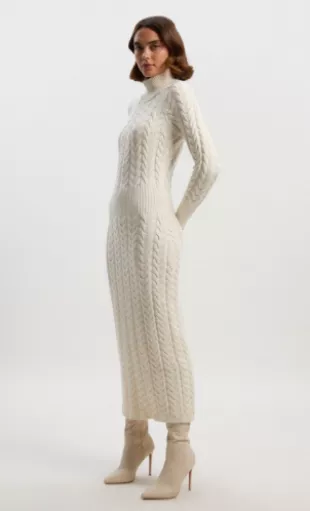 Cream Cable Knit Funnel Neck Maxi Dress