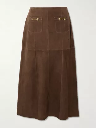 Edwina Embellished Paneled Suede Midi Skirt