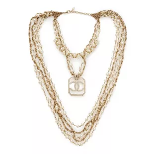 Multi Strand Gold Metal and Imitation Pearl Oversize CC Necklace, 2017