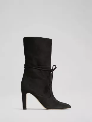 Eliza Black Tassel Ruched Suede Ankle Boots