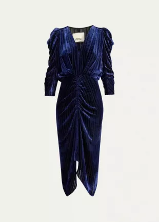 Nemil Ruched Striped Velvet Midi Dress