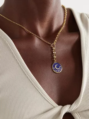 Blue Crescent 18-Karat Gold, Diamond and Enamel Necklace