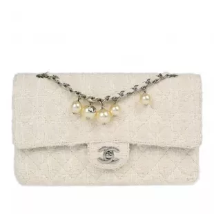 White Tweed Medium Classic Double Flap Shoulder Bag 133677