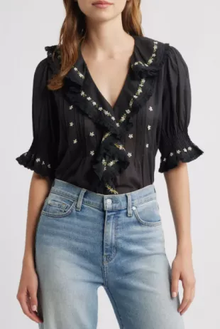 Hettie Embroidered Ruffle Organic Cotton Top