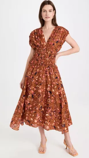 Lucia Floral V-Neck Smocked Waist A-Line Midi Dress