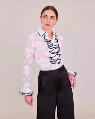 Academia Shirt White Long Sleeve Floral Lace Shirt With Ruffled Placket & Sleeves