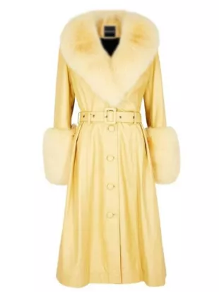 Elsbeth S03 Carrie Preston Fur Trim Yellow Leather Coat