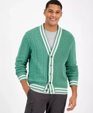 Men's Regular-Fit Mixed-Stitch V-Neck Varsity Cardigan