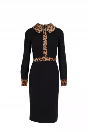 Leopard Trim Long Sleeve Sheath Dress