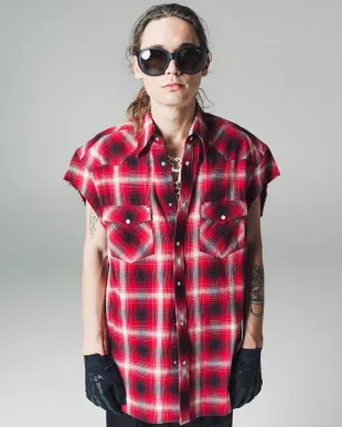 Red Cut Off Sleeve Western Shirt
