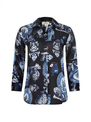 Dani Shirt in Black Blue Porcelain Print