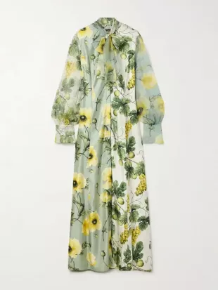 Tie-detailed Printed Silk-twill Gown