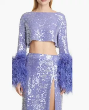 LaPointe Sequined Straight Slit Skirt & Ostrich Feather Cuff Sequin Crop Top