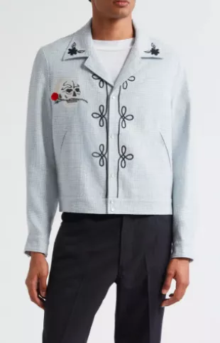 Flora Embroidered Houndstooth Virgin Wool Shirt Jacket