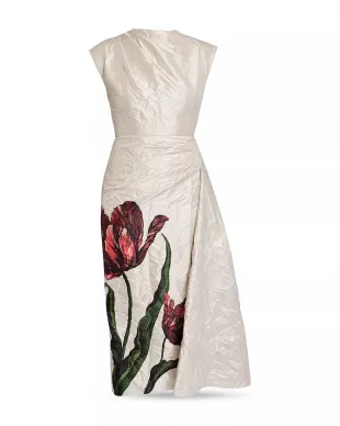 Short Sleeve Draped Dress in Etched Tulip Cameo Pink