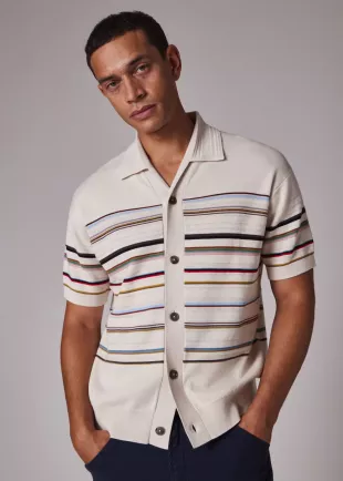 Ecru Signature Stripe Knitted Cotton Short Sleeve Shirt