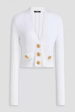 Balmain Cropped Button-embellished Ribbed Pointelle-knit Cardigan