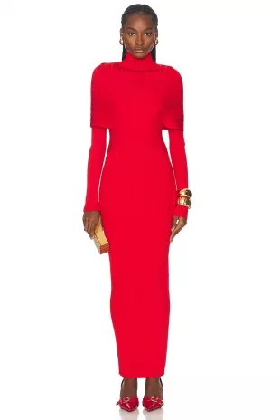 High Neck Pleated Knit Long Dress