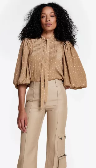 Nude Dot Pleated Tie Neck Blouse
