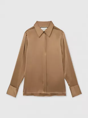 Camel Ameira Silk Satin Concealed Placket Shirt