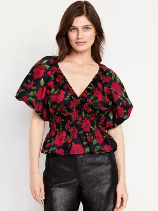 Puff-Sleeve Top in Rose Print