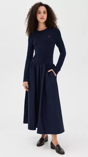 Crew Neck Long Sleeve Fit & Flare Dress