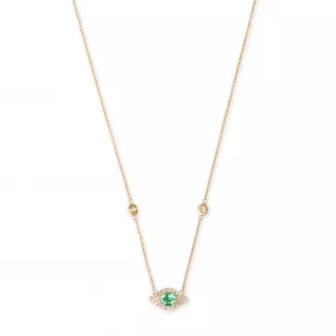 Small Pave Emerald Oval Center Eye Diamond Necklace