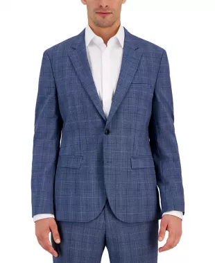Men's Modern Fit Plaid Wool Blend Suit Jacket