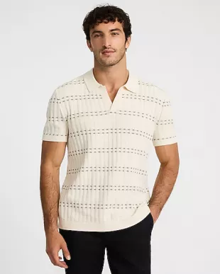 Grid Striped Johnny Collar Cotton Sweater Polo
