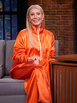 Late Night with Seth Meyers 2025 Gwyneth Paltrow Orange Tracksuit