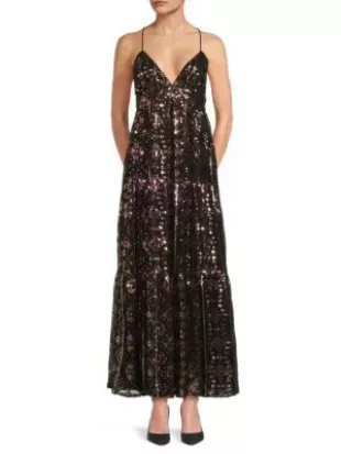 Penelope Sequined V-Neck Tiered Maxi Dress