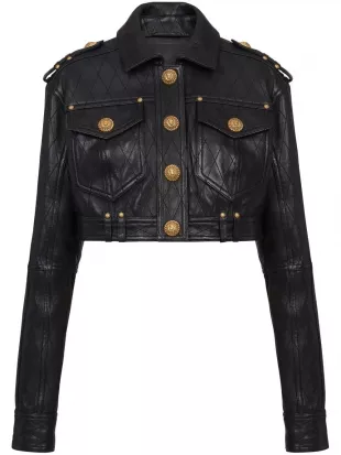 Quilted Leather Cropped Jacket in Black