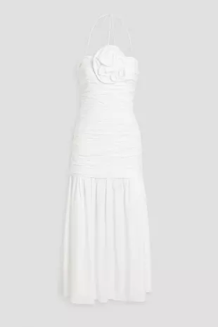Ruched Cotton Blend Poplin Halterneck Midi Dress