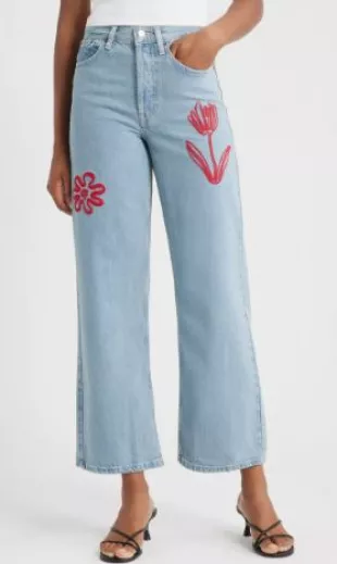 Embroidered Mid Rise Relaxed Straight Leg Jeans