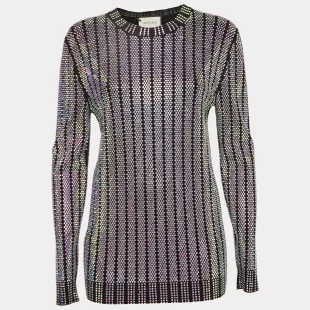 Black Stretch Knit Rhinestones Detail Sweater