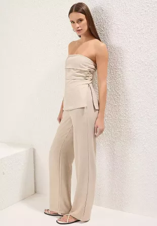 Trendyol Beige Linen Look Strapless Blouse Trousers Woven Top Bottom Set