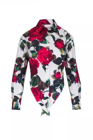 White Rose Print Tie Front Shirt