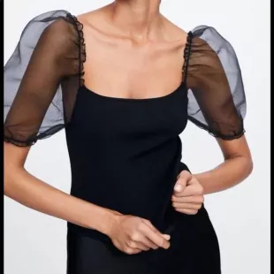 Black Mesh Puff Sleeve Top