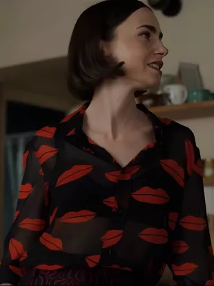 Emily in Paris S05 Lily Collins Lips Print Sheer Blouse