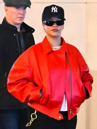 Rihanna Santa Red Leather Bomber Jacket