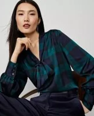 Petite Tartan Tie Neck Blouse Rainforest